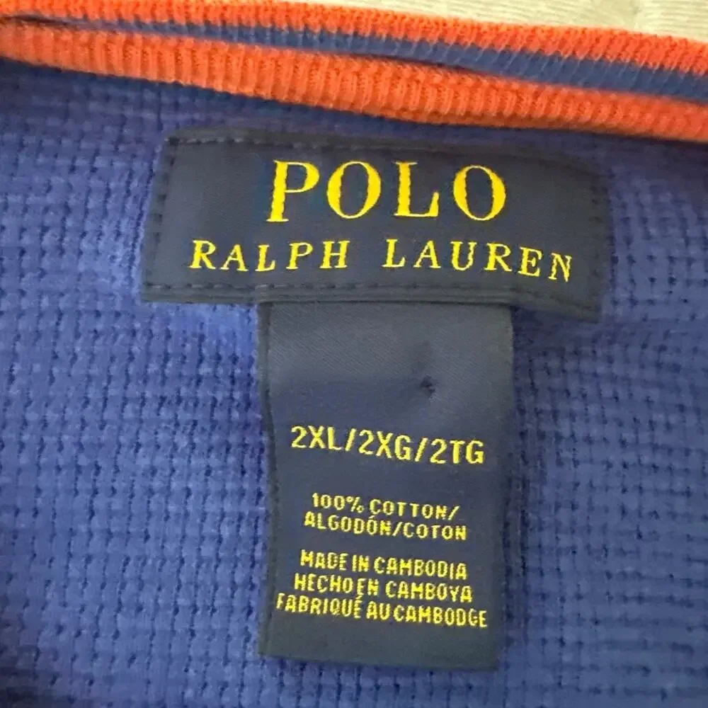 Polo Ralph Lauren Shirt Mens XL Blue Orange Trim Thermal Long Sleeve Waffle Knit